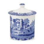 Spode Blue Italian Porcelain Kitchen Storage Jar - 7.5 Inch Airtight Food Container with Decorative Countryside Scene - Dry Goods Canister for Pantry or Counter, Kitchen Organization Tools