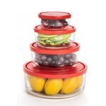 Bormioli Rocco Gelo 4pc Glass Storage Container/Food Storage Set with Red Lid (11.75 oz., 24.25 oz., 44.75 oz., 93.75 oz.)