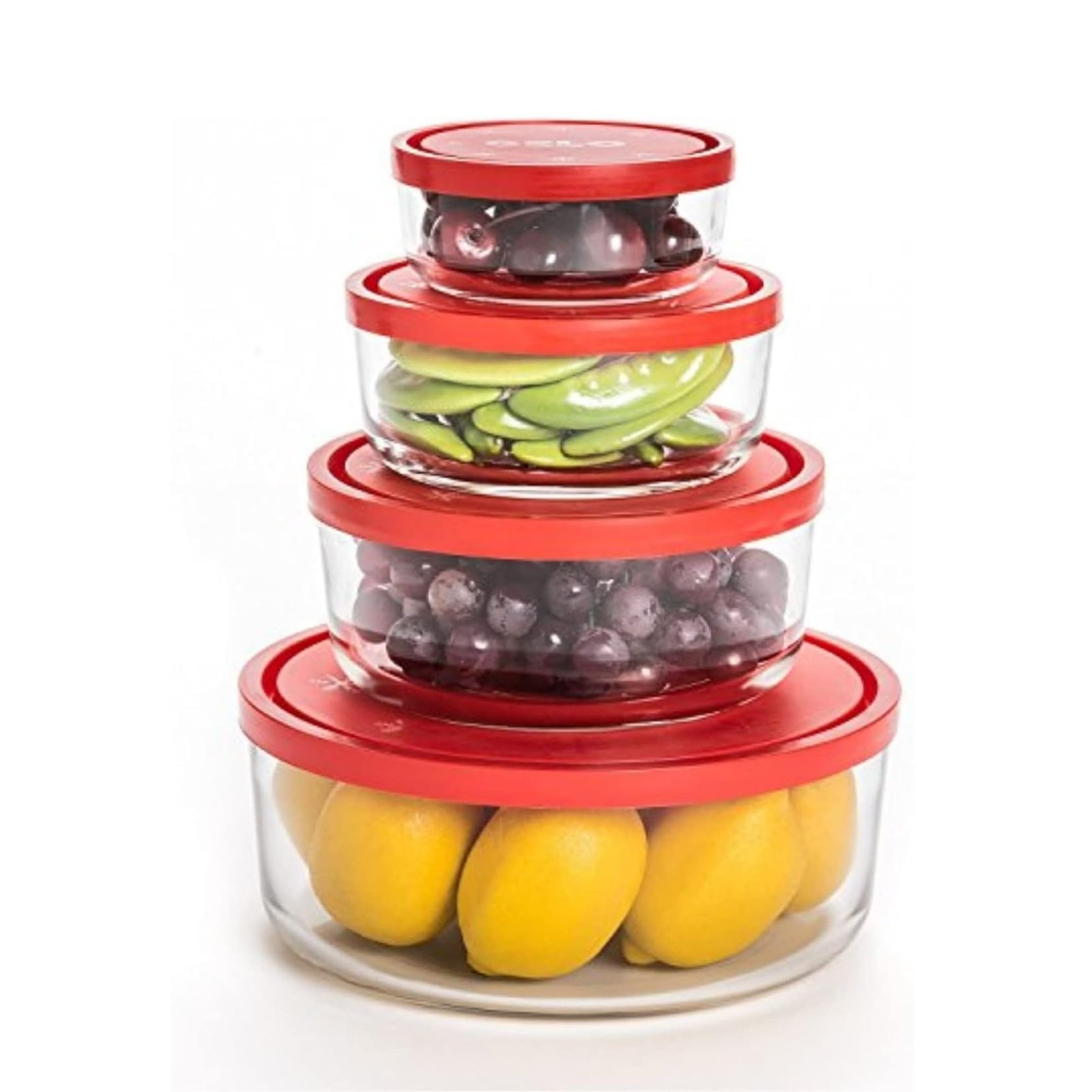 61SpB6RGAXL.jpg Bormioli Rocco Gelo 4pc Glass Storage Container/Food Storage Set with Red Lid (11.75 oz., 24.25 oz., 44.75 oz., 93.75 oz.) - Image 1