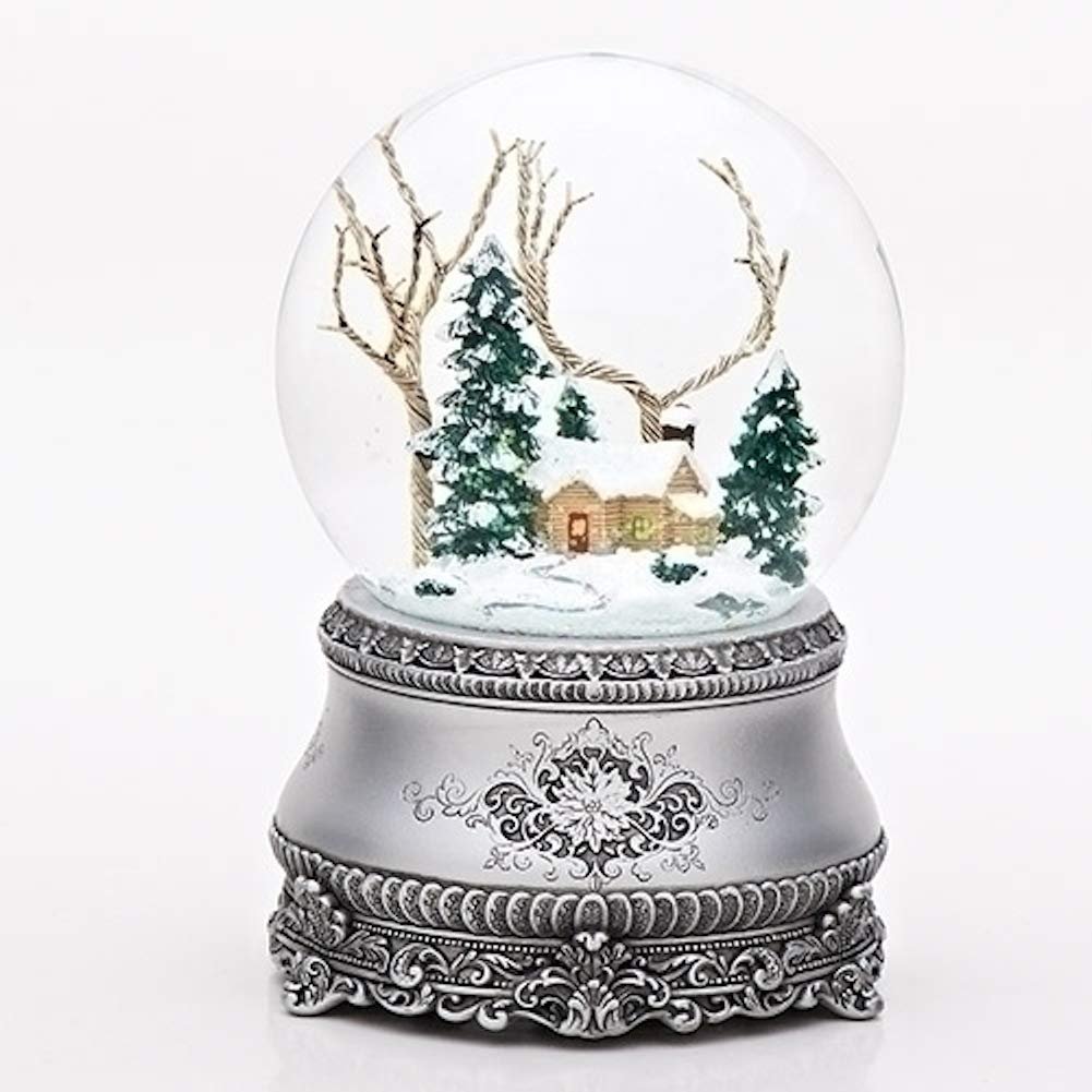 61iBEps2SL.jpg Roman 5.5" Cottage with Tree Glitter Silver Base 100mm Dome Plays I'll Be Home for Christmas - Image 1