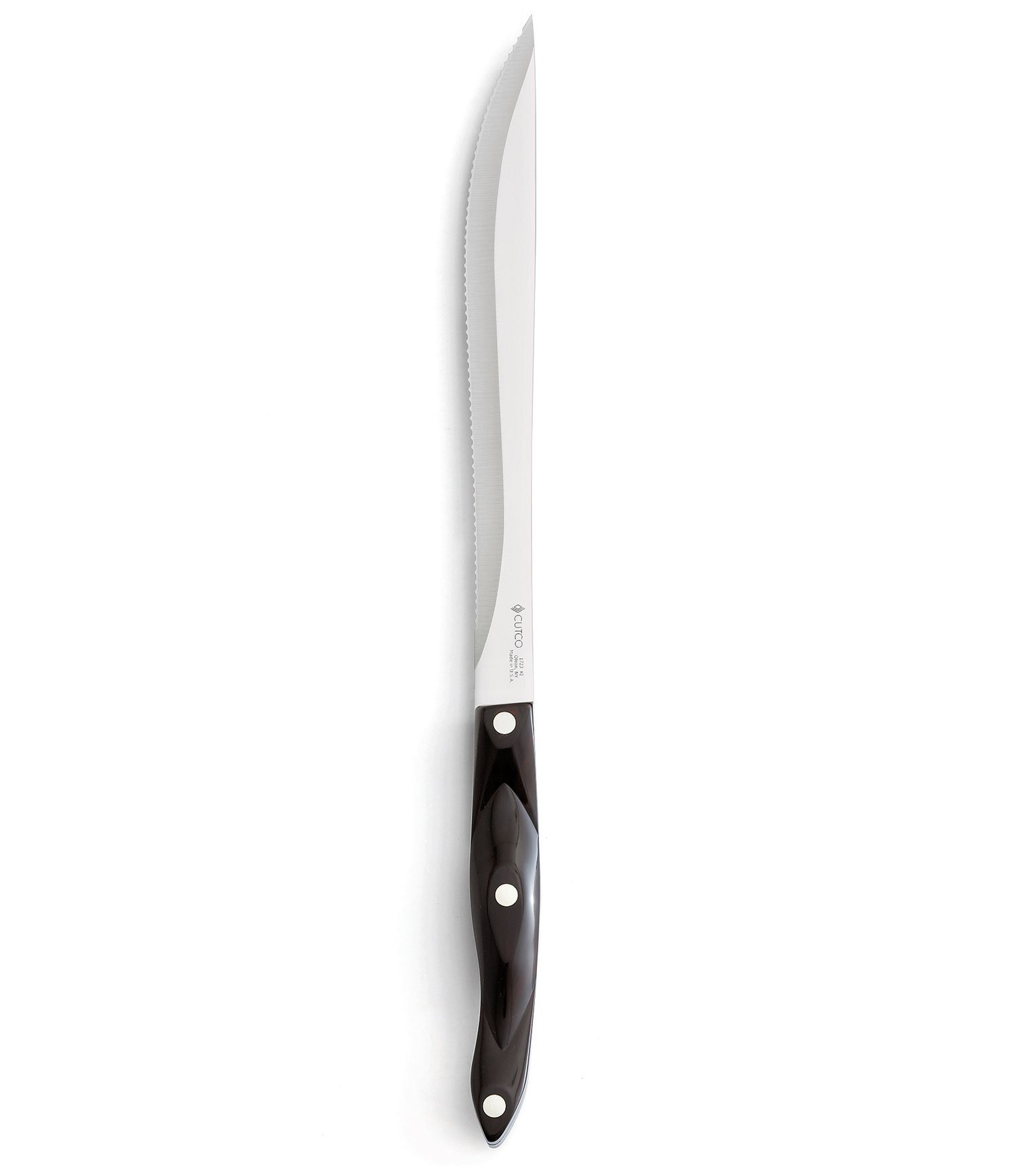 7120Sq26IyL.jpg CUTCO Model 1723 Carver Knife..............9" Double-D® serrated blade and 5½" Classic Brown handle (often called "Black").......................in factory sealed plastic bag. - Image 1